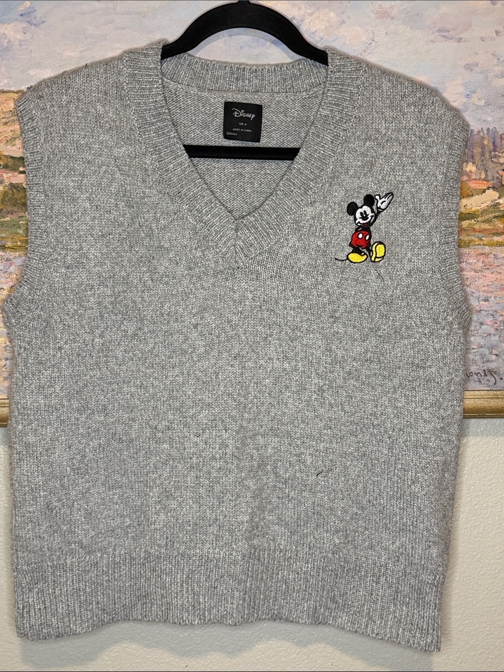 Disney Men’s Light Gray V‑Neck Sweater Vest with Mickey Embroidery (bin12)